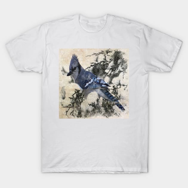 primitive christmas snow pine tree blue jay bird T-Shirt by Tina